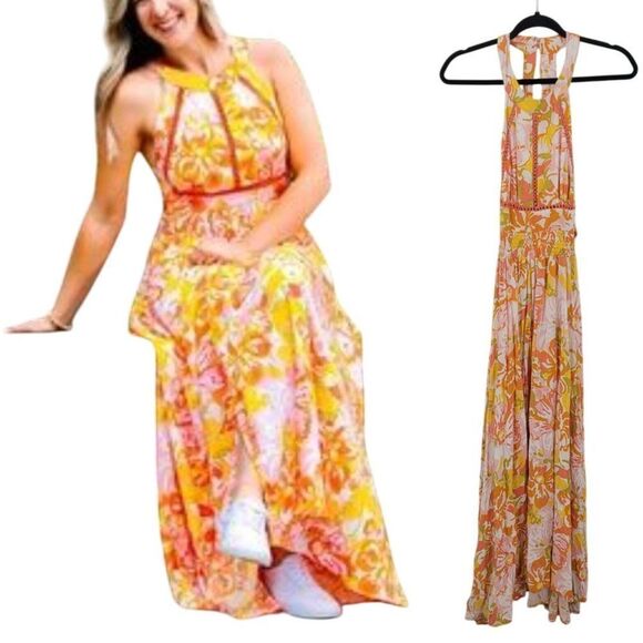 Abel The Label Sz S Pink Orange Floral Tie Cutout Halter Maxi Slip Dress Rayon - Picture 1 of 14